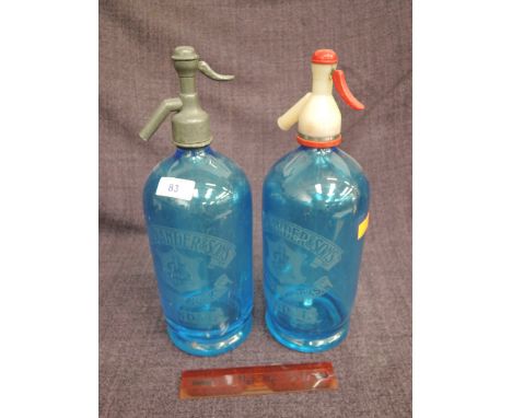 Two vintage blue glass soda syphons for Alexander & Sons, Kendal