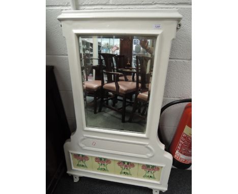 A Victorian white painted cast iron frame overmantel mirror having Art Nouveau tile decoration