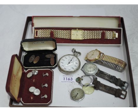 A small selection of gents items including cased silver cufflinks, collar studs , gold plated Rotary wrist watch, similar Ing