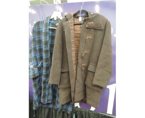A vintage mens blue checked wool dressing gown, approx circa 1960s and a gents late 1960's brown duffel coat by Gloverall
