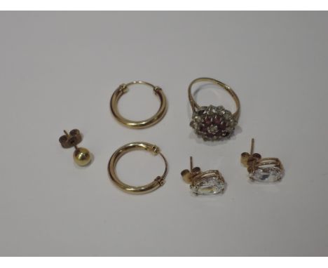 A small selection of 9ct gold and yellow metal including hoop earrings, dress ring having ruby and cubic zirconia cluster etc