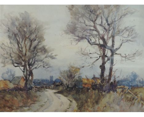 A watercolour, R C Risley, country lane and village, signed and dated 1918, 8.5in x 11in