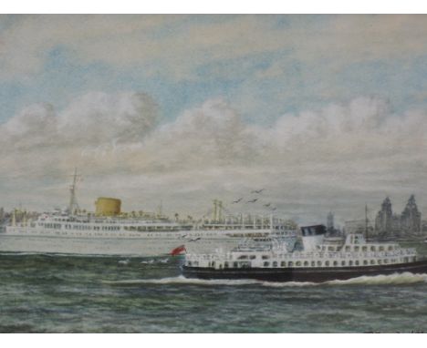 A watercolour R Joseph Kesall, cruise ships and tugs, River Mersey, Liverpool, signed and dated 1965, 8in x 13in