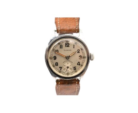 Timor Army Trade Pattern: a steel cased manual wind military wristwatch, the silvered arabic dial with subsidiary seconds, th