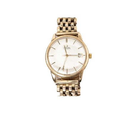 Omega: A 9ct yellow gold cased automatic wristwatch, ref 161, serial no. 254xx, the silvered baton dial with date aperture fi