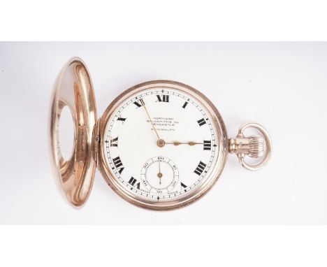 Northern Goldsmiths Co, Newcastle: a 9ct yellow gold half hunter pocket watch, the white enamel roman dial with subsidiary se