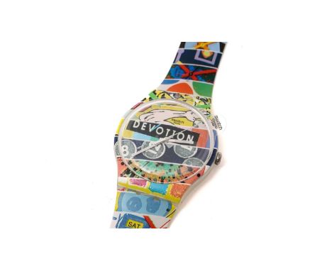 Swatch White Loop Devotion: a printed plastic case quartz wristwatch, ref SUOZ170, S/S 2014, with printed design to case and 