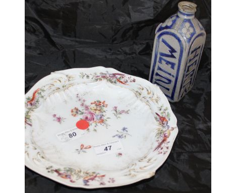 A Westerwald stoneware flask, four sides marked "Mein Hertz Ist Dein", together with a Chelsea porcelain plate decorated with