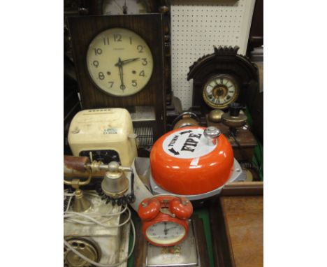 A mahogany cased vintage telephone, a President 30 day wall plaque with Arabic numerals, a further wall clock, a mantel clock