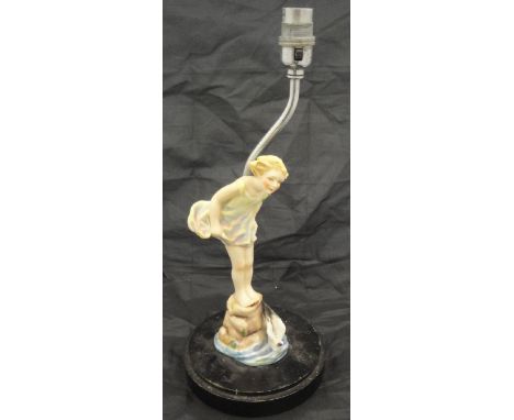 An F G Doughty for Royal Worcester figure of a young girl in yellow dress paddling, a black headed gull in the water at her f