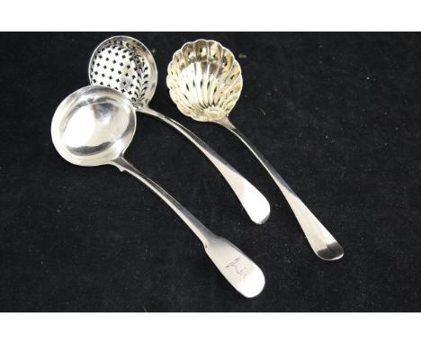 A George III silver sifter spoon (by William Sumner and R P Crossley, London, 1778), another similar with shell-shaped bowl (