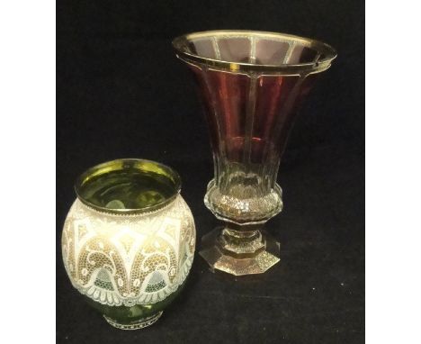 A Bohemian green ground glass vase, the top half with white enamel lace work and gilt decoration, together with a cranberry g