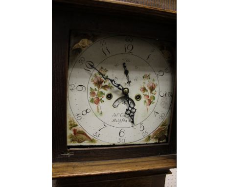 A 19th Century oak cased long case clock, the eight day movement with square enamelled dial and painted shell spandrels enclo