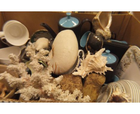 A box containing various china wares including Myot twin tone coffee set, Hillstonia wares, Nightwatchman jug, plated cream j