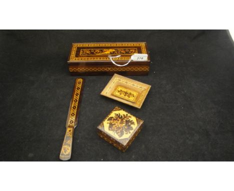 A Tunbridge ware rectangular box with lock, a Tunbridge ware decorated paper knife, a Tunbridge ware trinket dish with canted