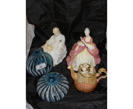 Two Mdina glass vases, a Coalport figurine "Summer Daydream", a Royal Doulton figuring HN2396 "Wistful" and a Royal Albert "O