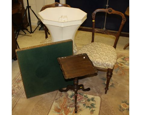 A pair of Edwardian dining chairs together with a folding card table, a square topped wine table and a lampshade