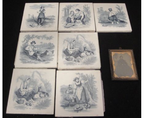 A set of seven Minton & Co. "Rustic figures" glazed pottery tiles with blue transfer decoration of figures and animals, Pross