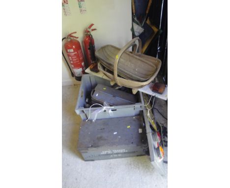 A box of assorted hand tools to include blow lamp, spanners etc., two tow plates, various trugs etc