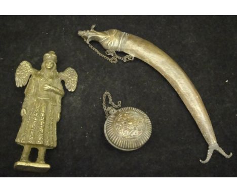 A 19th Century cast brass crowned and winged double-sided figure of a Saint, together with a worked brass flask as a fish and