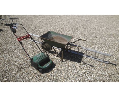 A Qualcast Concorde 32 lawnmower together with an aluminium step ladder and wheelbarrow