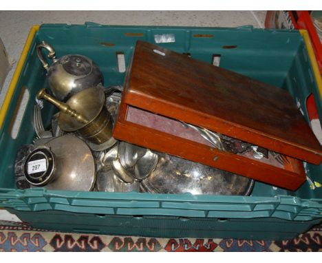 A silver and tortoise shell mounted capstan inkwell and a box of various plated wares including cutlery, tureen and cover, br