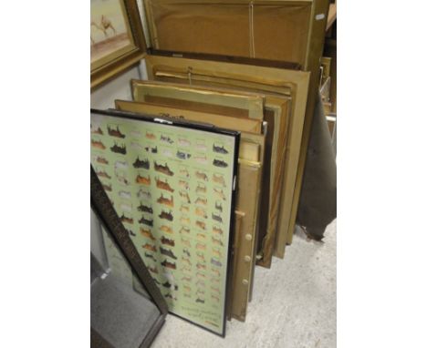 A large quantity of various pictures and prints to include frames and glazed cigarette cards, prints on a hunting theme, auto