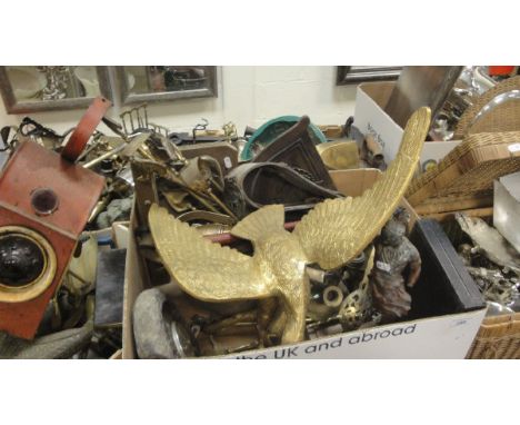 Five boxes of various metal wares including plated wares, brass eagle, horse brasses, fireside tools, figures, fireside compa