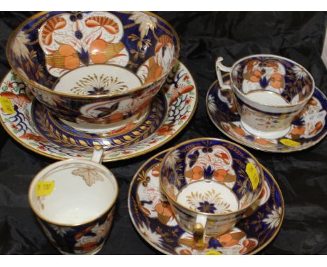 Two 19th Century Japan pattern china cup and saucers, another cup and a bowl on stand