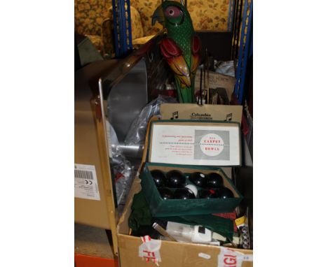 A box of various cutlery, carpet bowls set etc together with another box of 78's, parrot figure etc and the kitchen sink