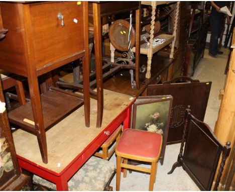 A collection of furniture comprising a mahogany pot cupboard, a mahogany occasional table, a painted pine single drawer side 