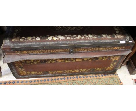 A Victorian camphor wood trunk with leather and brass covering with painted floral decoration   CONDITION REPORTS  The leathe