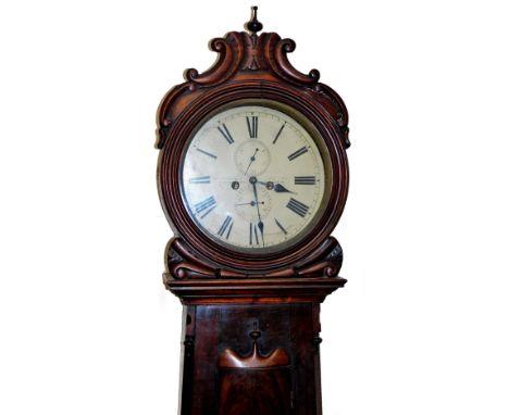 William Dobbie, Falkirk. A 19thC Scottish mahogany drumhead longcase clock, with a carved scroll case raised above a widening