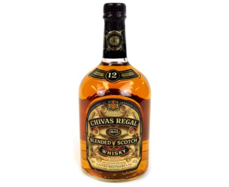 A bottle of Chivas Regal blended scotch whisky, twelve years old, one litre.