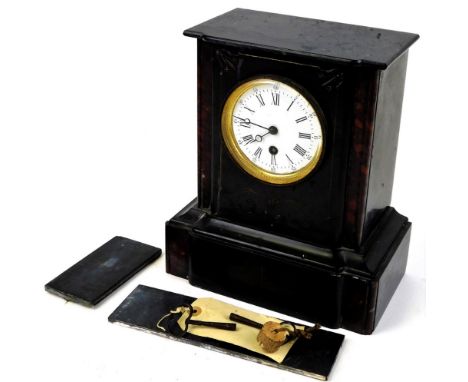 A Victorian slate and marble mantel clock, the shaped case holding a 9cm diameter Roman numeric and Arabic dial, flanked by r