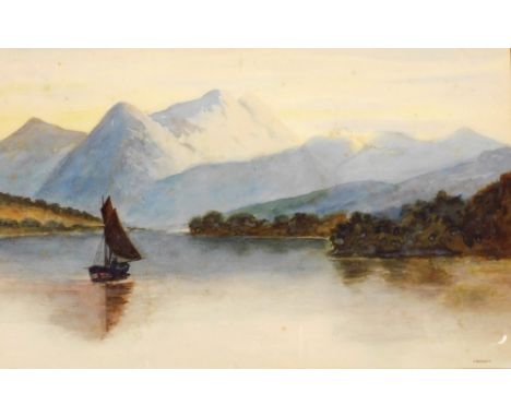 K A Johnson (19thC School). Figure in a boat on a lake before mountains, watercolour, signed, 26cm x 42cm.