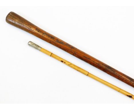 An early 20thC cane swagger stick, with plated ubique crested tip, 69cm long and a 19thC walking stick marked Earl Cowpr Sept