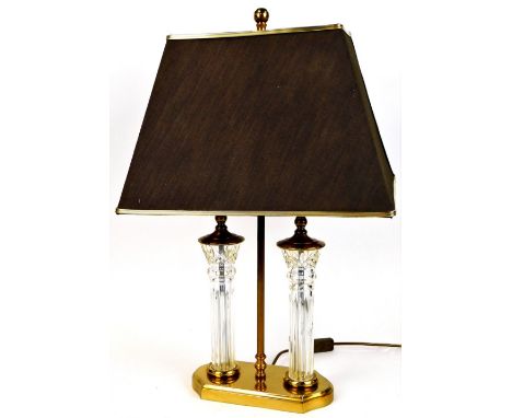 A Waterford style crystal glass and brass table lamp, with shade on turned stem and shaped base, unmarked, 68cm high. 