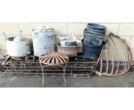 Various metalware, trellis, zinc galvanized watering can, 48cm high, stew pot, other cylindrical vessels, corner feeding trou