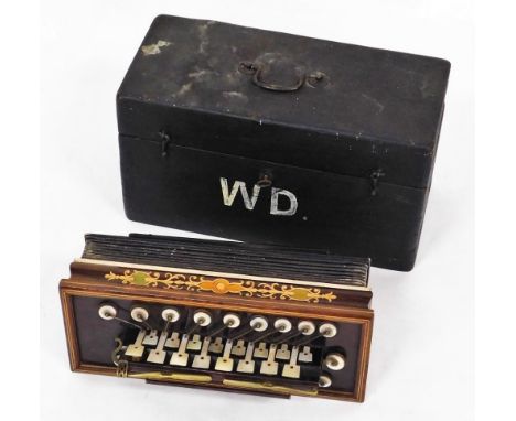 An early 20thC rosewood squeeze box accordion, of shaped rectangular form with 16 mother of pearl buttons, in a part inlaid c