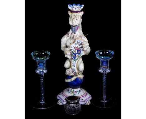 Various collectables, etc., an unusual tin glazed earthenware griffin candlestick holding shield, polychrome decorated on paw