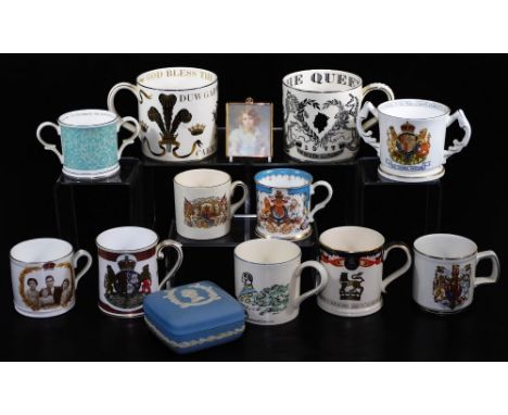 Various Royal Commemorative mugs, to include Wedgwood Richard Guyatt Prince Charles Prince of Wales Investiture, 10cm high, W