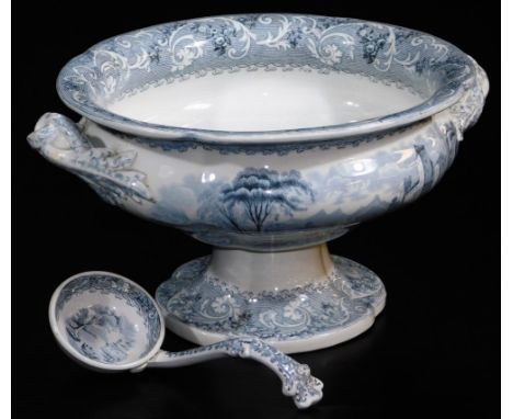 A late 19thC Rhine transfer printed soup tureen, with moulded handles on a shaped foot, 30cm wide, with ladle. (2)