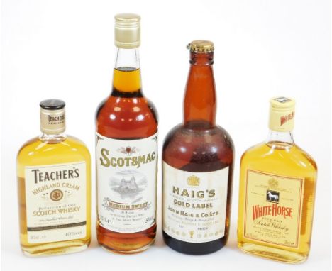 A vintage bottle of Haig's blended scotch whisky gold label, 70% proof with marked stopper, 27cm high, two half bottles of wh