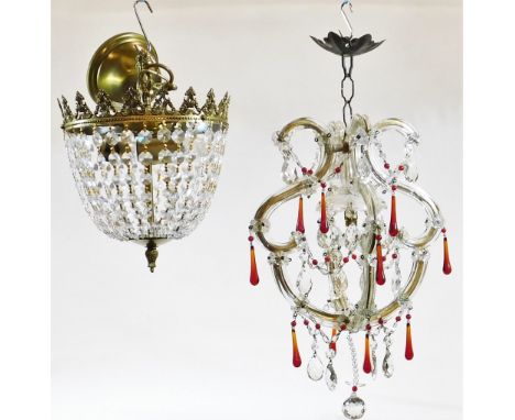 A pair of French ruby red and crystal down lighters, each with tear drop and other droppers with shaped stems and plain fixtu