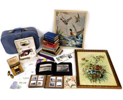 A Gulliver's travel case, 50cm wide, containing a quantity of books, ephemera, etc. early 20thC photographs, photocards, phot
