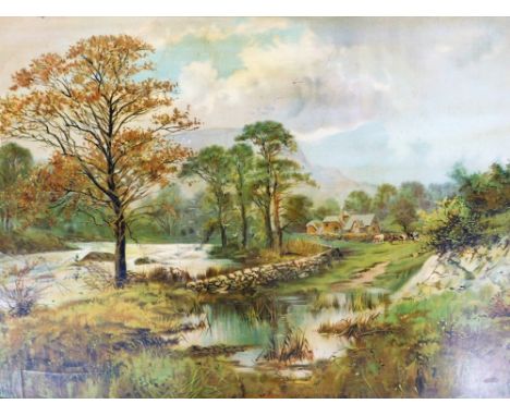 After Oswald. Landscape, oleograph, 49cm x 78cm.