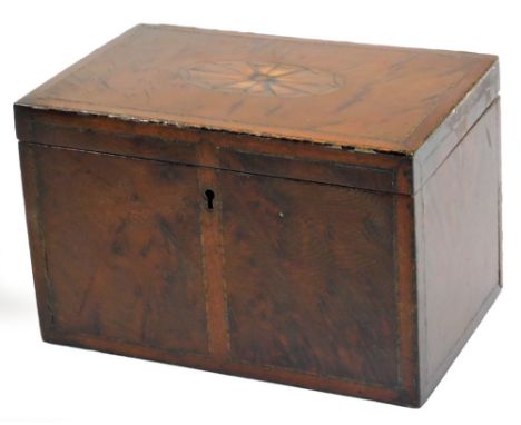 A George III olive wood tea caddy, of rectangular form with a sun inlay and narrow cross banding with plain interior, 12cm hi