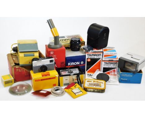 Various camera equipment and developing equipment, etc., a boxed extension tube for an SP 90mm Tamron camera, a Kodak instama