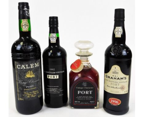 Various alcohol, port, Graham's 1996 75cl, vintage character port, 1992 lace bottle vintage port, a bottle of Calem, etc. (4)